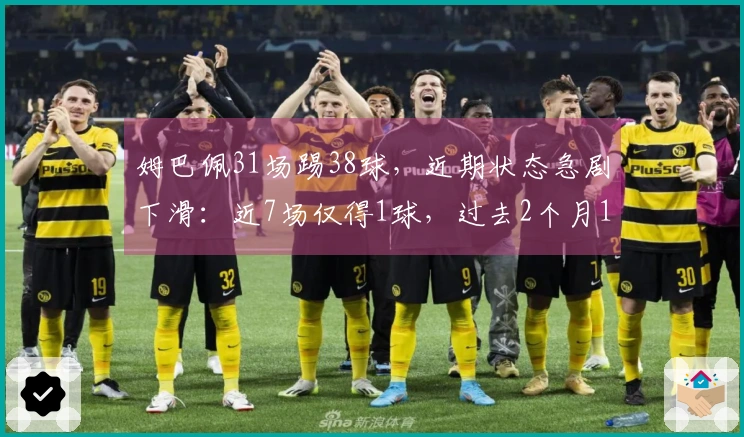 姆巴佩31场踢38球，近期状态急剧下滑：近7场仅得1球，过去2个月1球1助3黄牌
